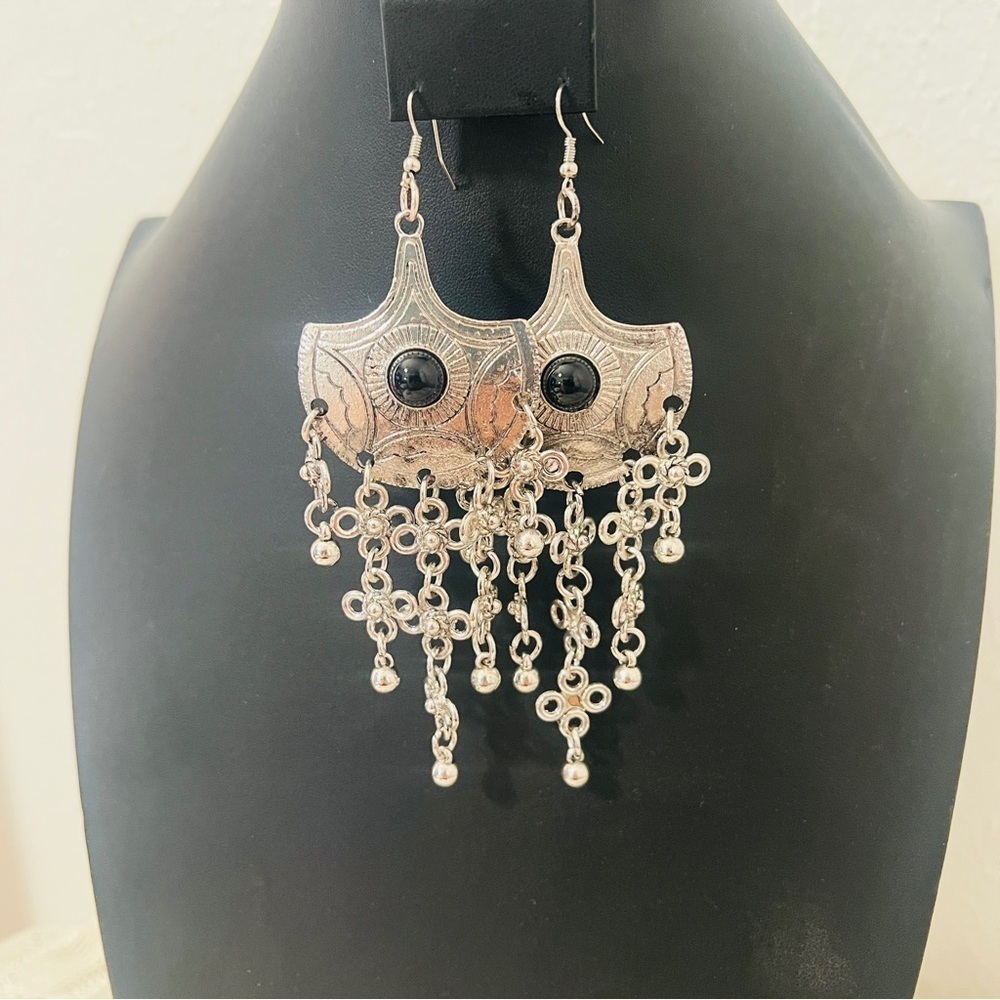 Tribal Carved Moon Silver Tone & Black Stone Chandelier Earrings Bohemian NWOT